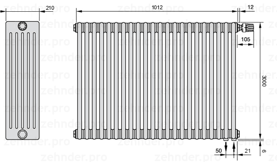 Схема (чертеж) Радиатор Zehnder Charleston 6300/22 №V002 Белый глянцевый RAL 9016